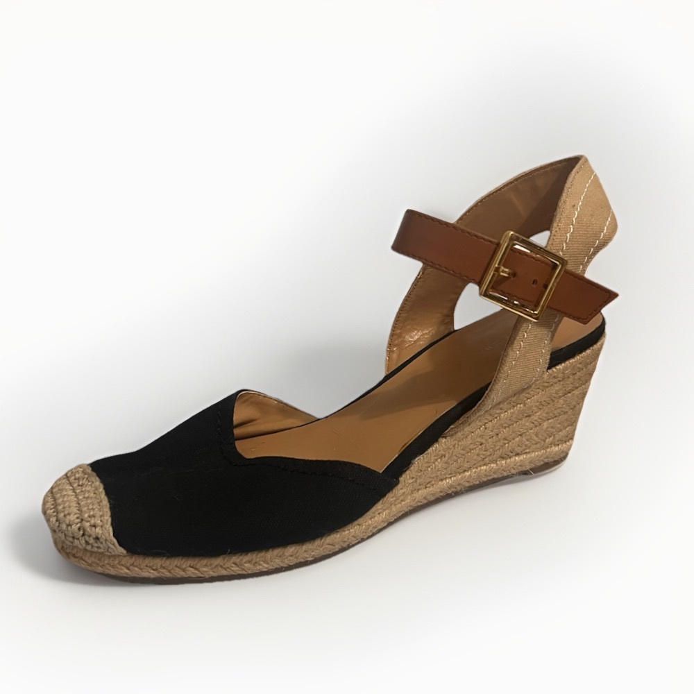 Tommy Hilfiger Espadrilles Black Canvas and Tan Wedge Closed Toe Nilsa Sandal 8